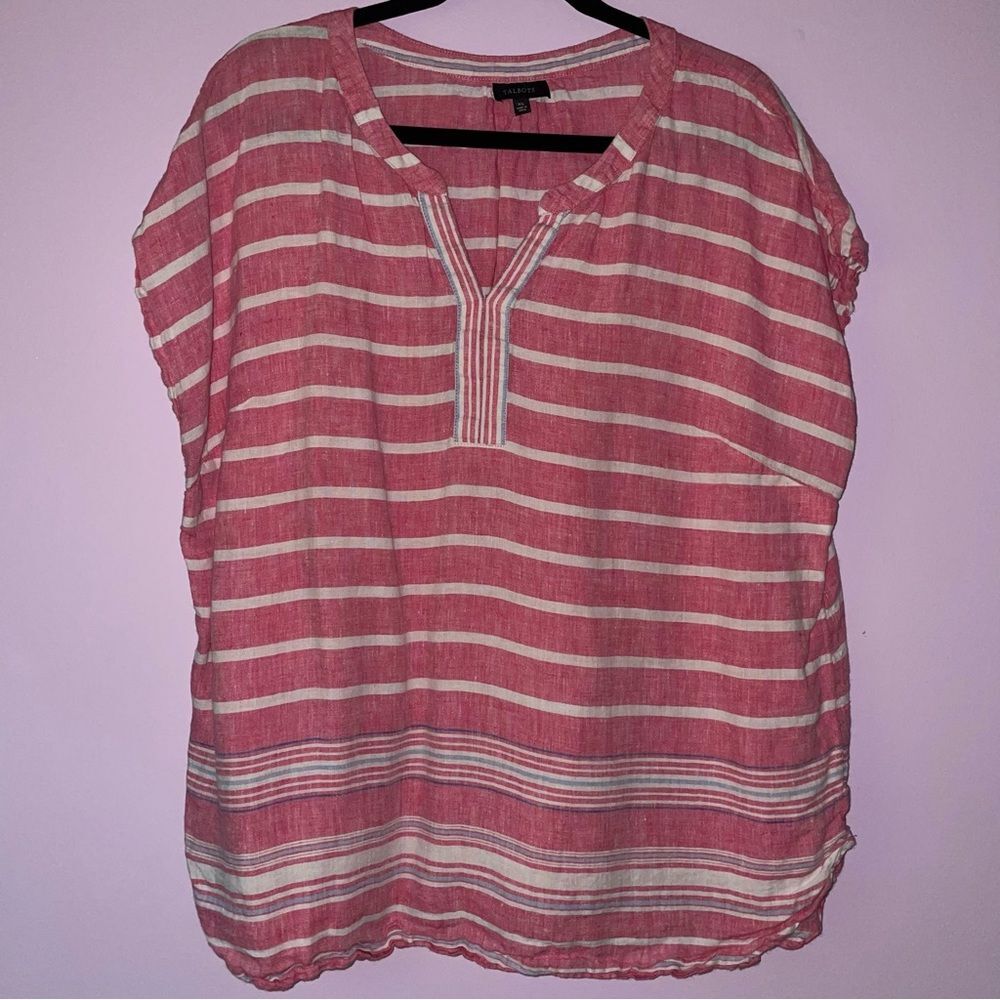 Talbots Size XL Linen Tunic Pink Striped Top Short Sleeve Beach Vacation